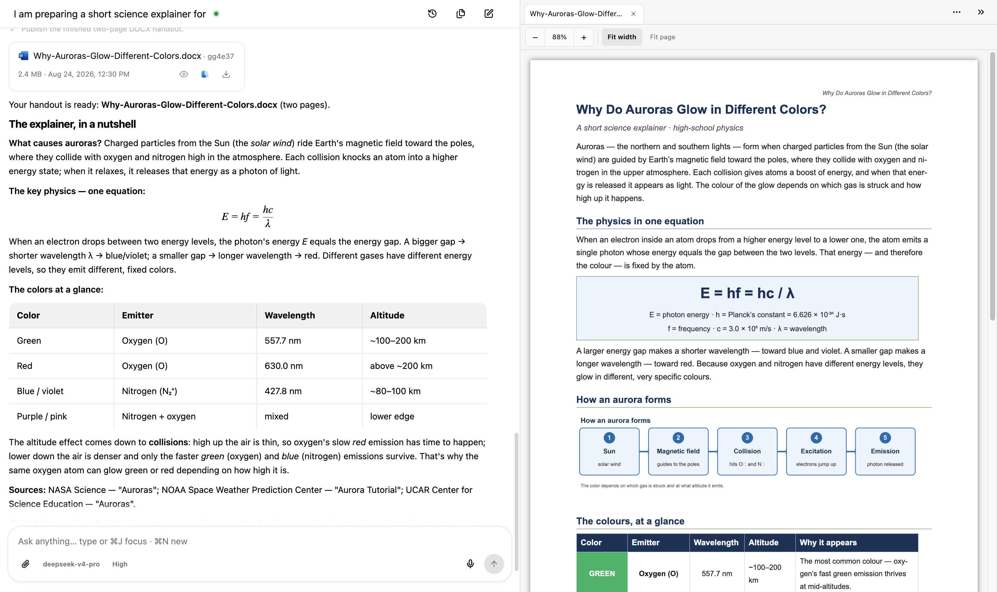 Agent Conversation with a formula and table beside a DOCX preview containing an equation and process diagram