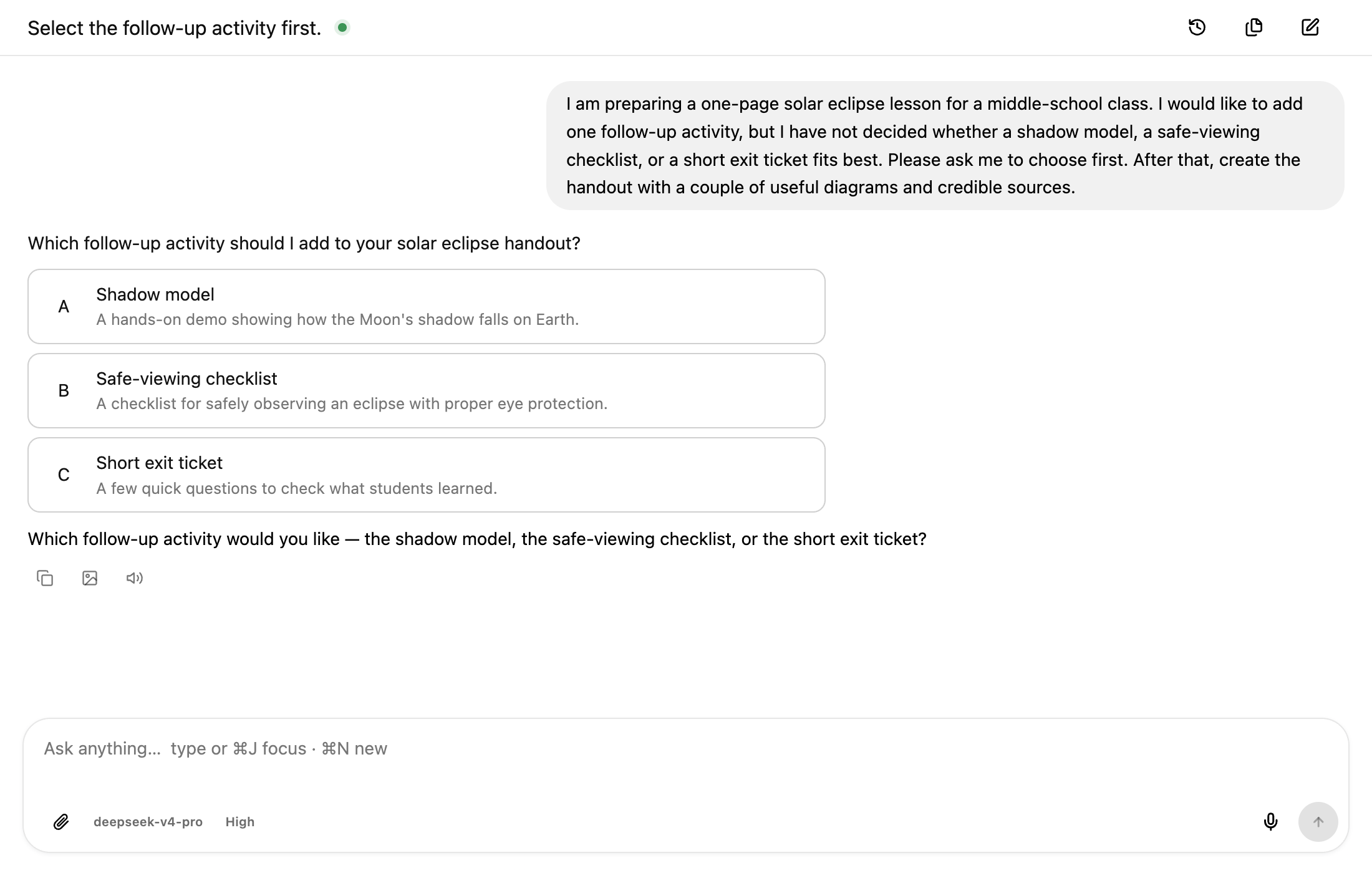 One Shot Agent Conversation asking the user to choose a follow-up activity for a solar eclipse lesson