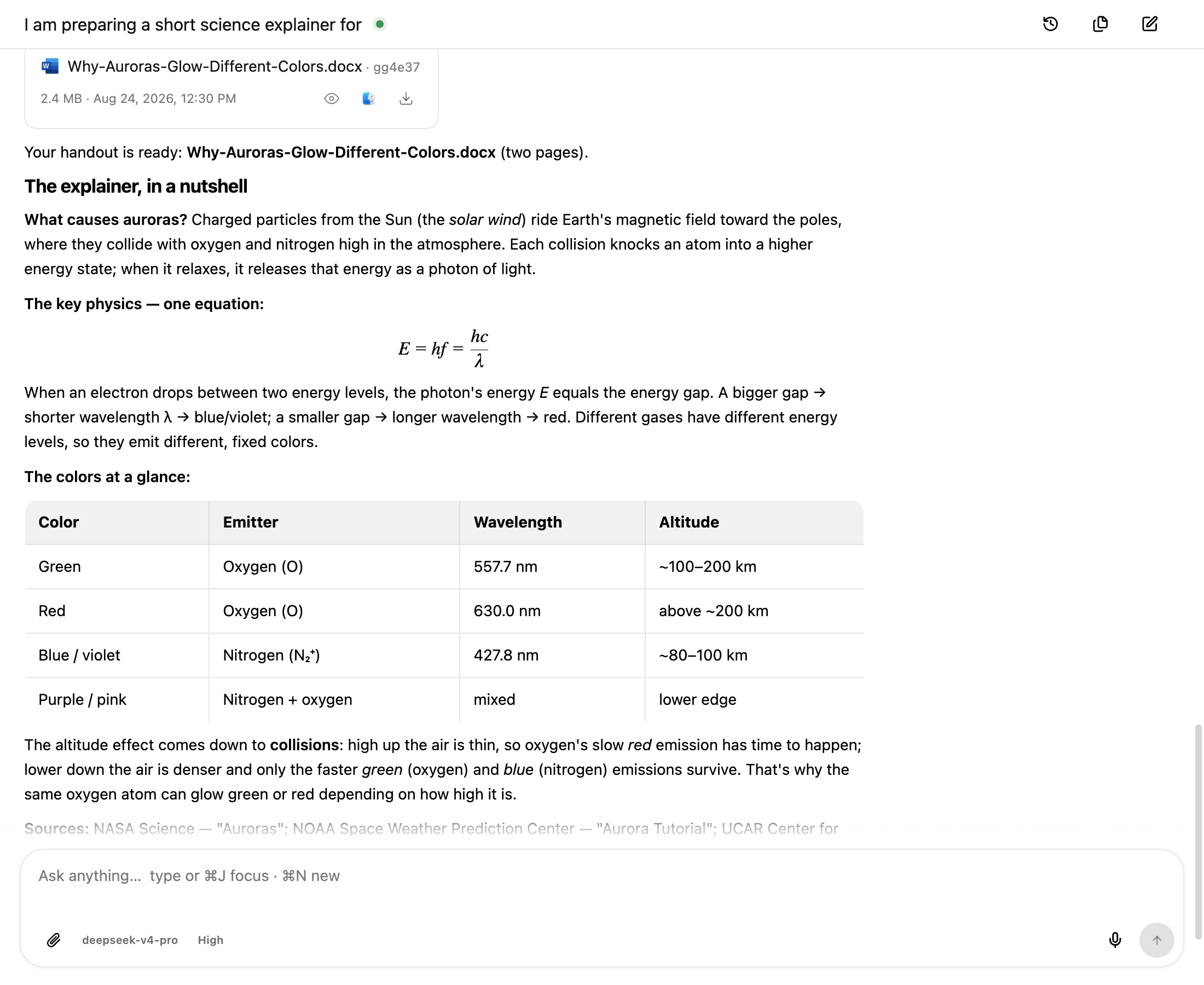 One Shot research answer explaining aurora colors with a formula, comparison table, generated document, and cited sources