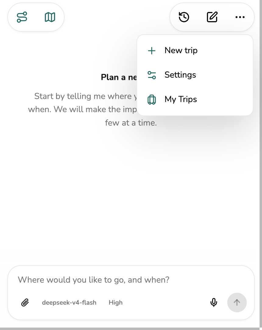 Agent Conversation embedded in Trippu with app-owned itinerary and map buttons plus New trip, Settings, and My Trips commands
