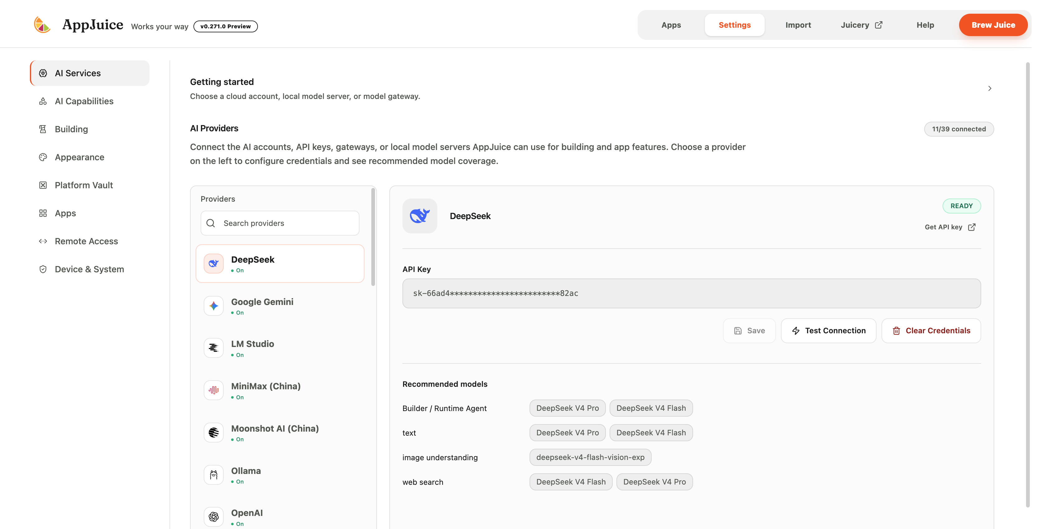 AI Services settings with connected providers, local model servers, and recommended model coverage