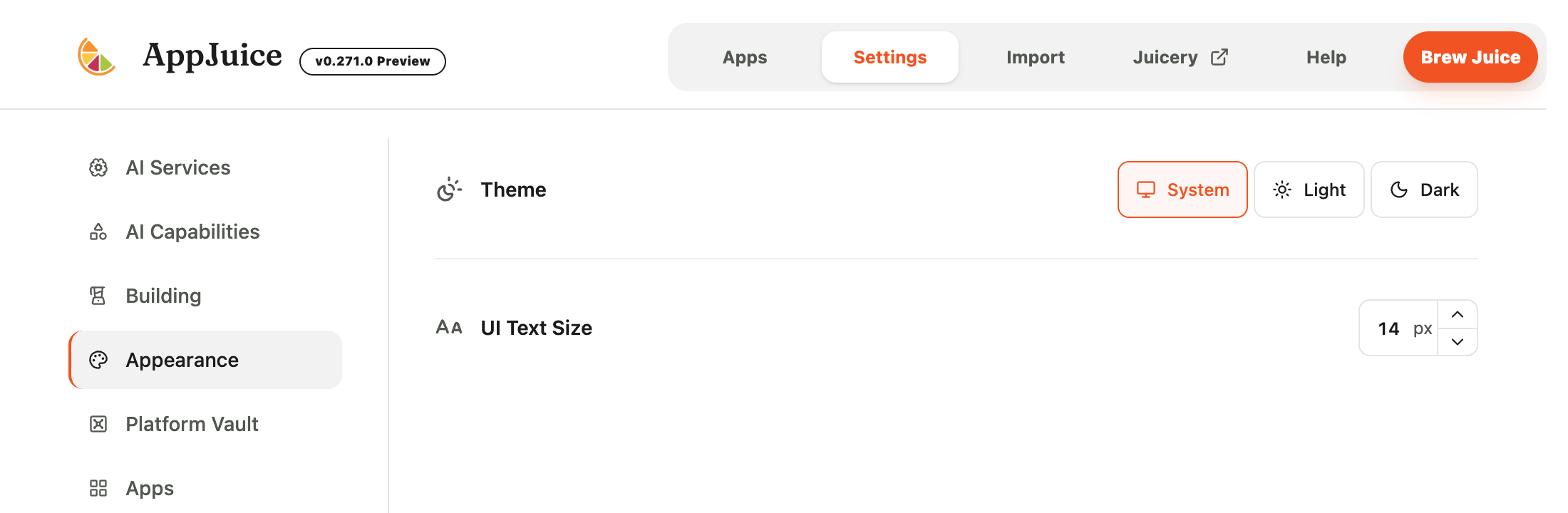 Appearance settings with System, Light, Dark, and UI text size controls