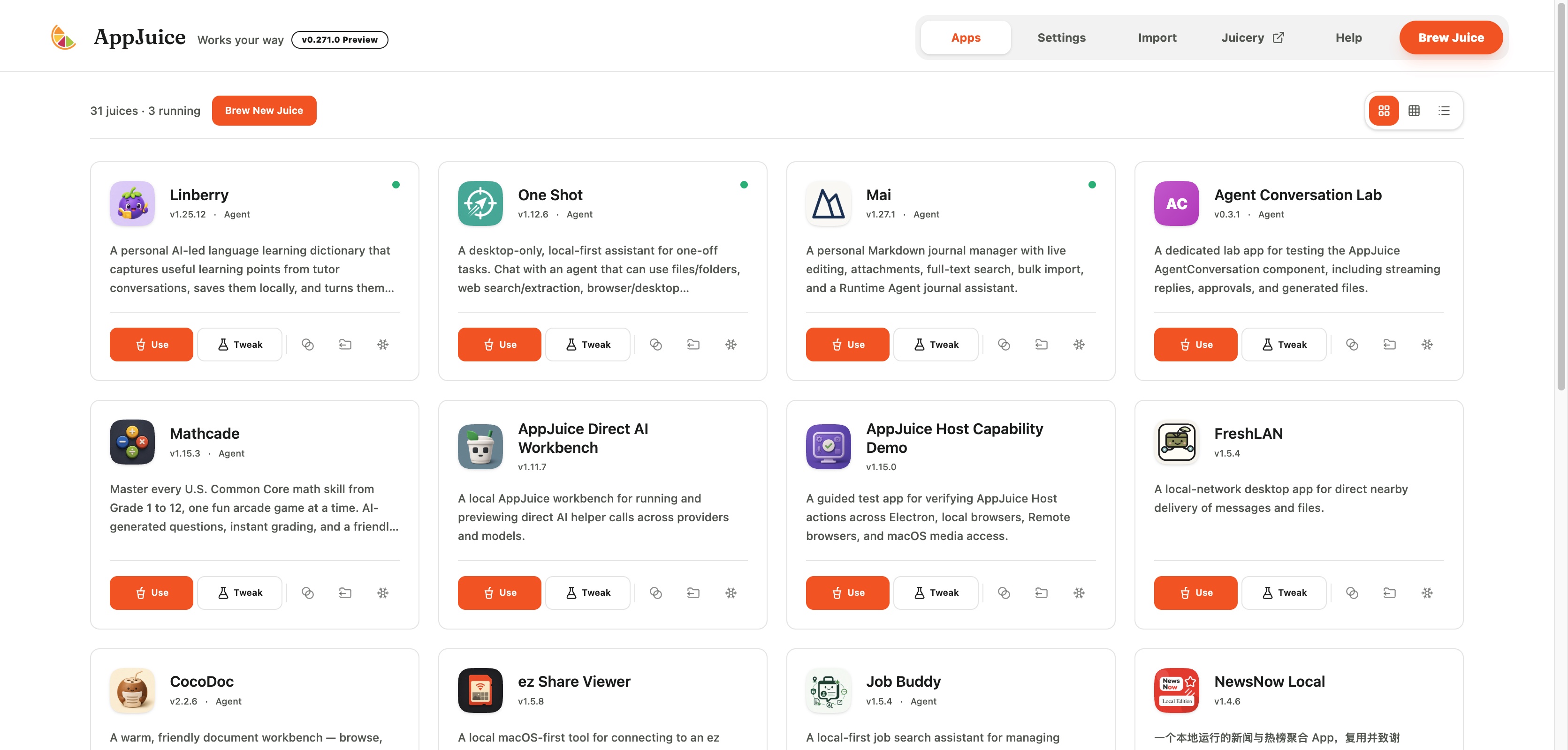 AppJuice desktop app in Cards view