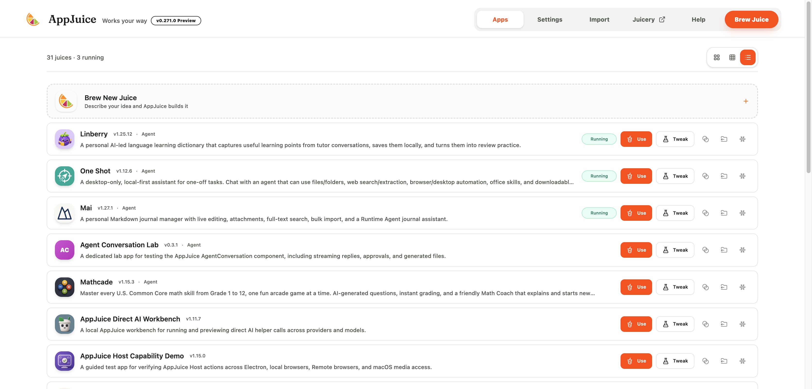 AppJuice desktop app in List view