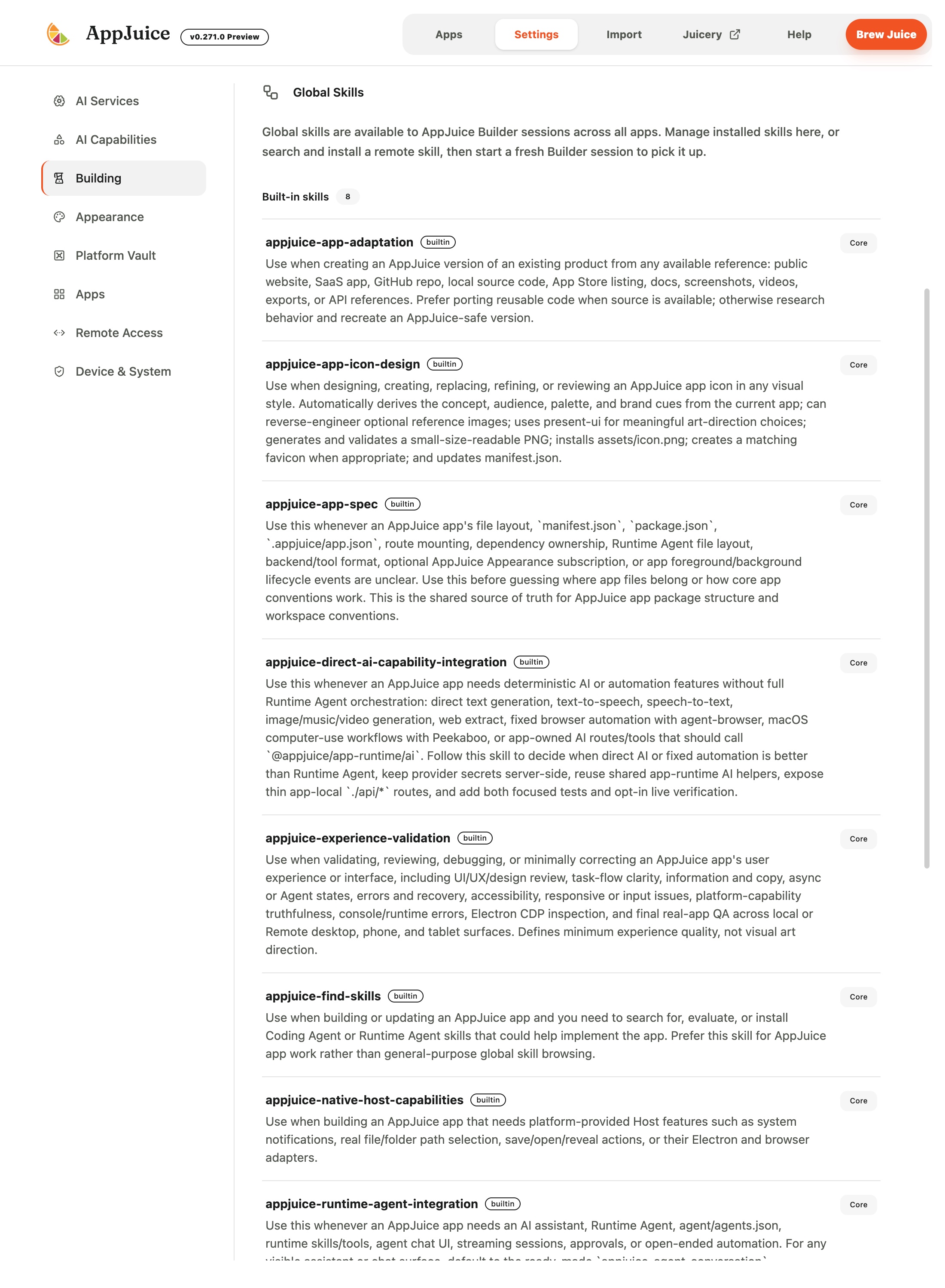 Building settings listing all eight built-in AppJuice skills
