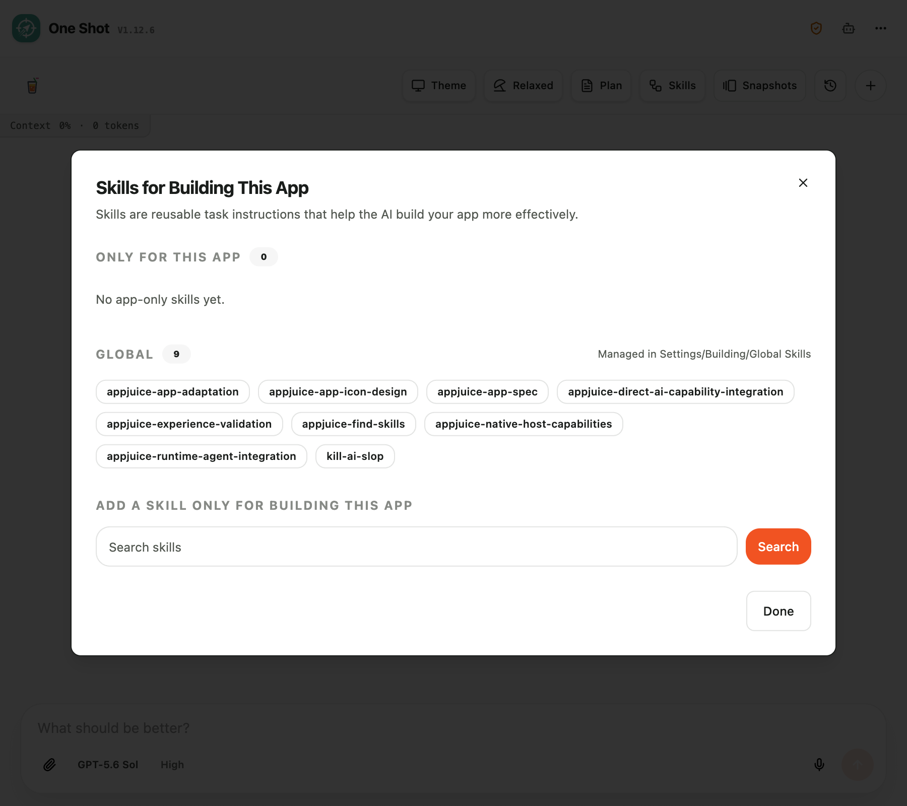 Skills for Building This App dialog with global skills and an app-only skill search field