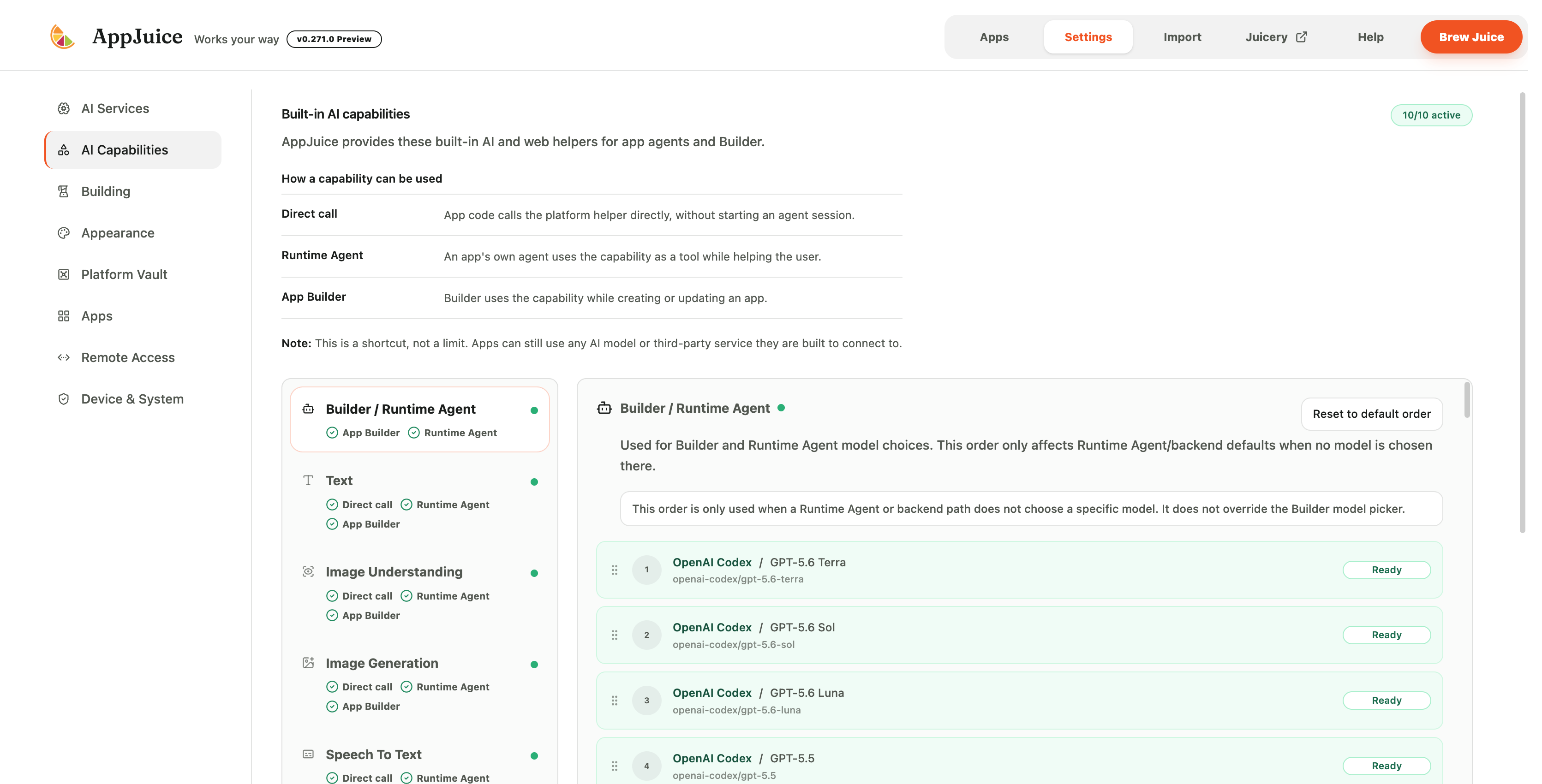 AI Capabilities settings showing direct call, Runtime Agent, and App Builder availability