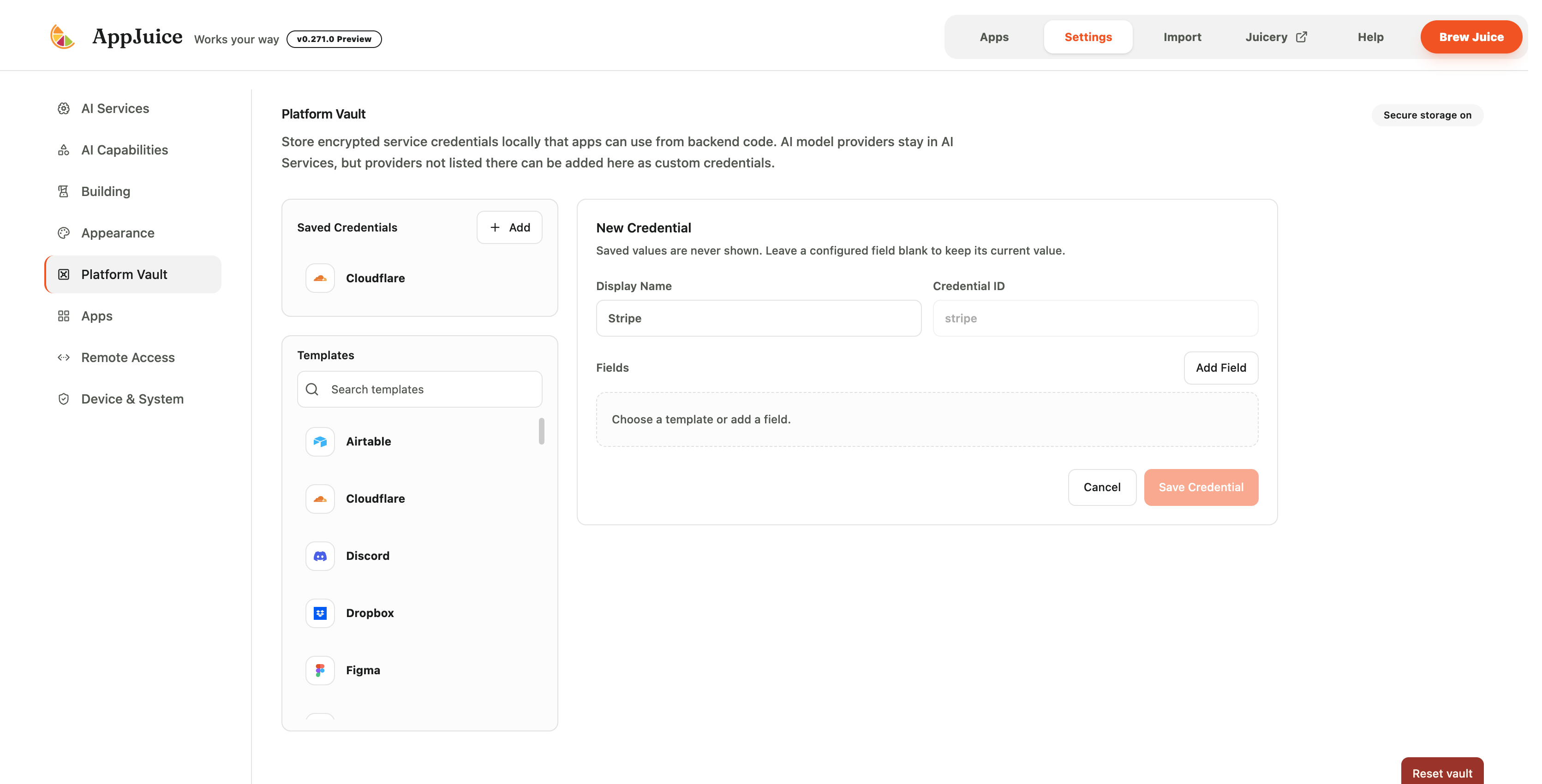 Platform Vault settings with secure storage, templates, saved credentials, and reset control