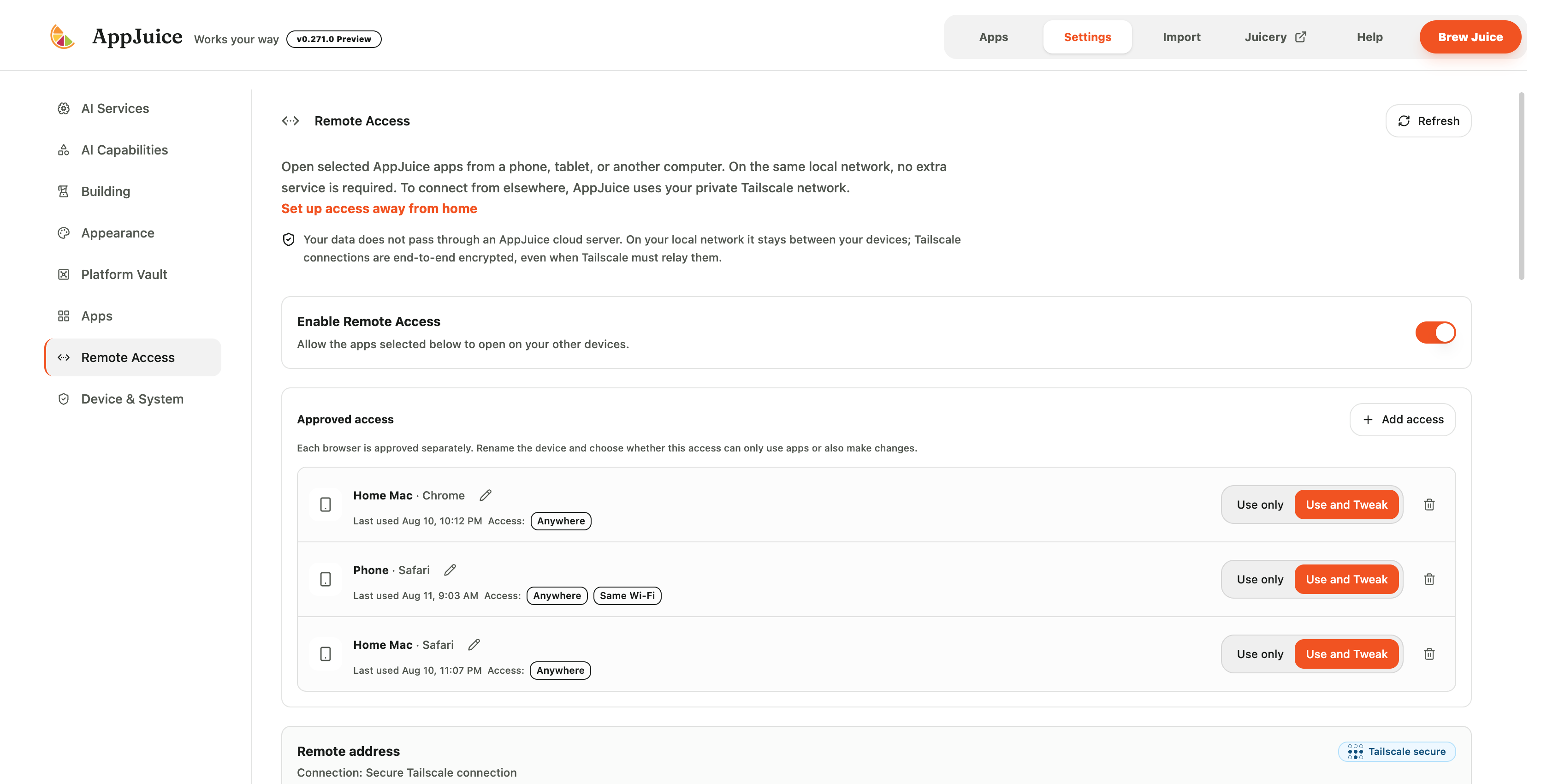Remote Access settings with approved browsers and Use only or Use and Tweak access