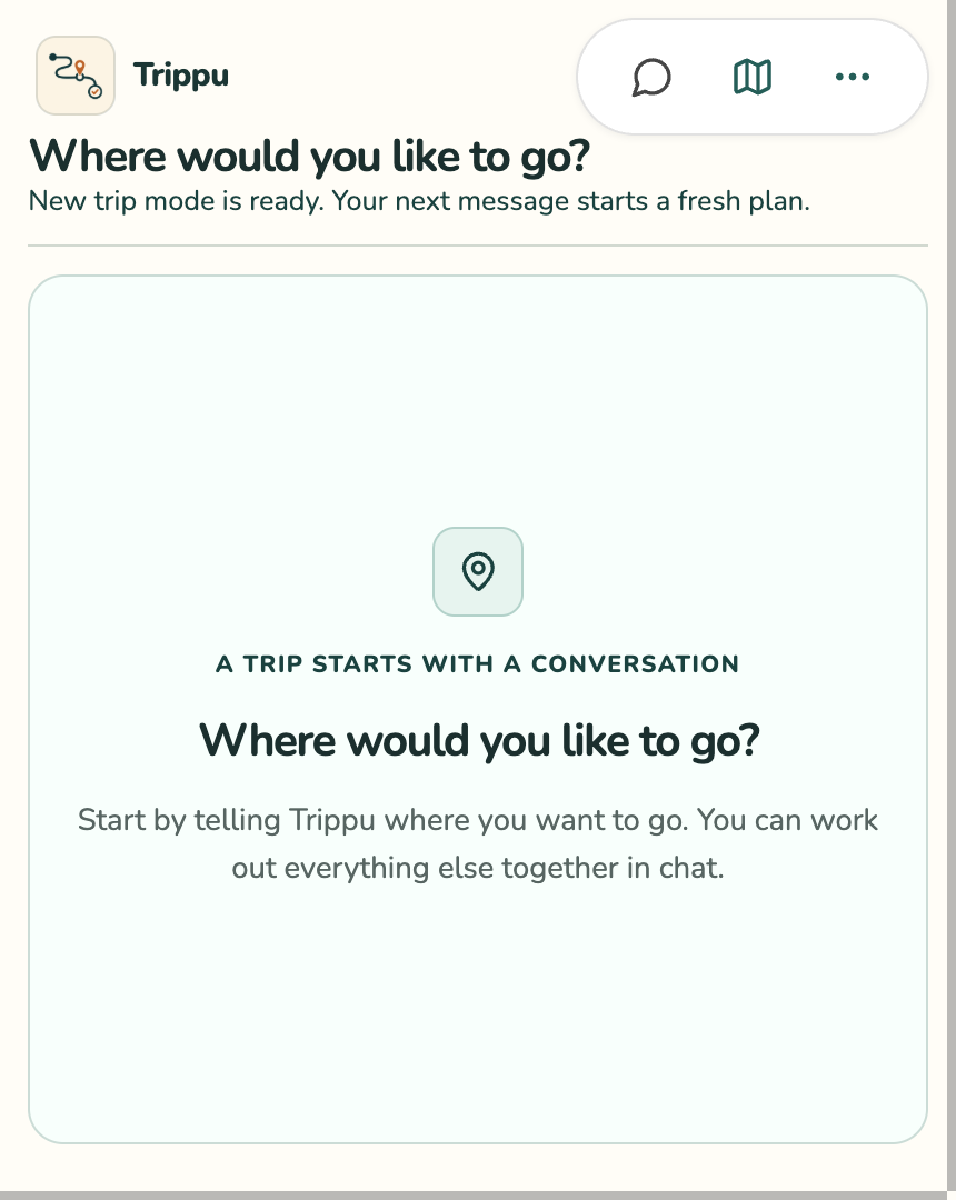 Trippu mobile app with chat, map, and more navigation in its header